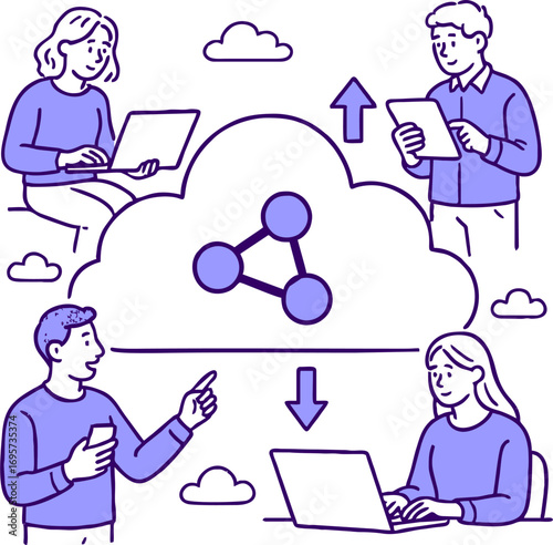 Cloud technology. People storing data on cloud server. Concept of cloud computing, online database, web hosting, web data center. Vector illustration for web banner, infographics, mobile app