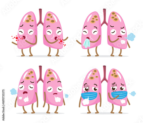 Set of pulmonary tuberculosis . TB lung cartoon characters . Mycobacterium tuberculosis bacteria infected in apex of both lung . Isolated white background . Vector .