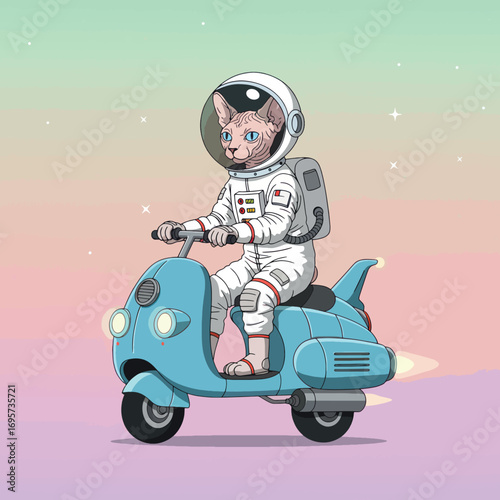 Sphynx cat astronaut rides a futuristic scooter through space