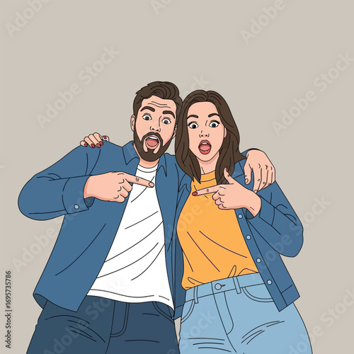 A surprised couple, pointing, embracing, in a retro style illustration.