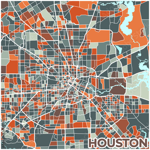 Houston, Texas, USA: A vibrant cityscape rendered in a striking blend of muted greens, deep oranges, and calming blues, illustrating the sprawling metropolitan area and its iconic street network