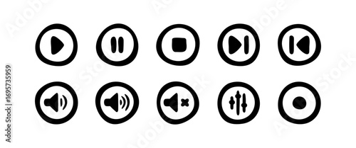 Doodle Music Media Player Icons Set. Hand Drawn Play, Pause, Stop, Volume, Equalizer Buttons. Round Outline shape. Fun and simple outline design for music, video, audio apps, podcast interface