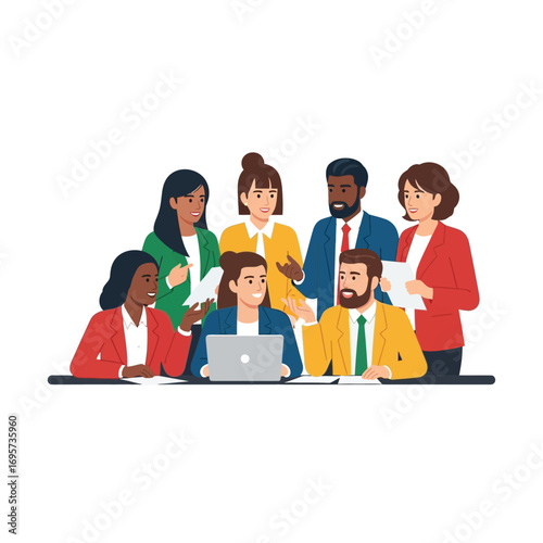 Diverse business team gathered around a laptop, engaged in a collaborative discussion.