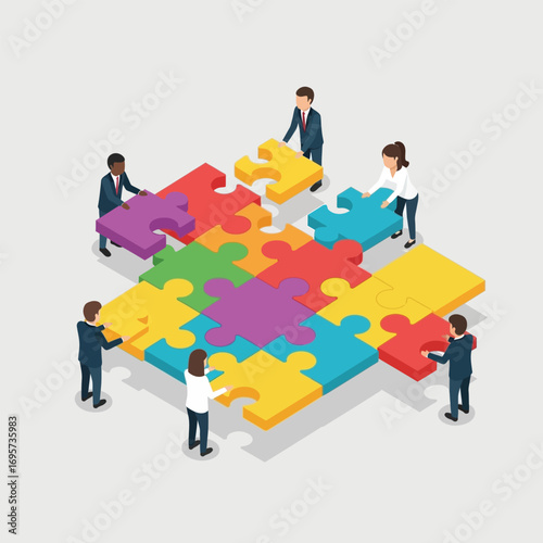 Teamwork: Diverse businesspeople collaboratively assemble a colorful jigsaw puzzle, symbolizing unity and shared success.