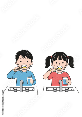 Children brushing teeth in the bathroom sink with toothbrushes and cups