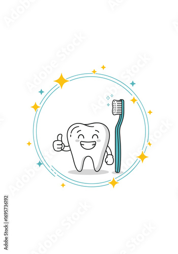 Happy tooth character giving thumbs up next to toothbrush and sparkling stars