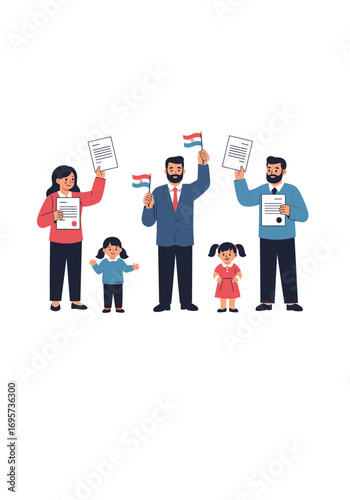 Family celebrating citizenship with national flags and documents for a new beginning