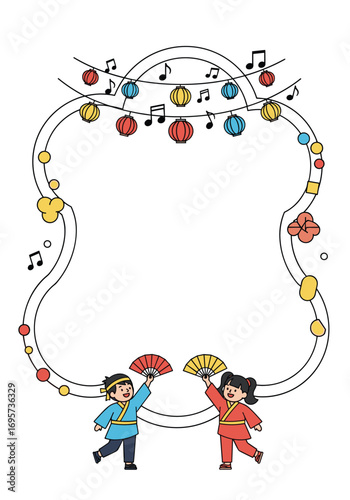 Traditional japanese festival celebration with dancing children and lanterns in a festive setting