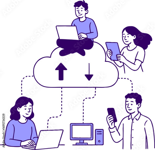Cloud technology. People storing data on cloud server. Concept of cloud computing, online database, web hosting, web data center. Vector illustration for web banner, infographics, mobile app