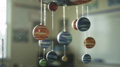 Hanging Planet Mobile Gently Spinning Indoors Shot