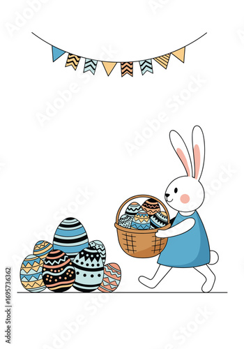 Cute easter bunny carrying a basket of painted eggs with festive garland above