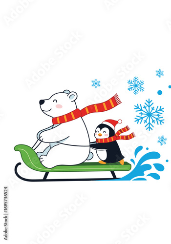 Cute polar bear and penguin friends enjoying a fun sled ride down a snowy hill
