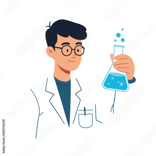 Scientist holding a flask with blue liquid and bubbles