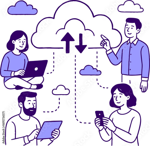 Cloud technology. People storing data on cloud server. Concept of cloud computing, online database, web hosting, web data center. Vector illustration for web banner, infographics, mobile app
