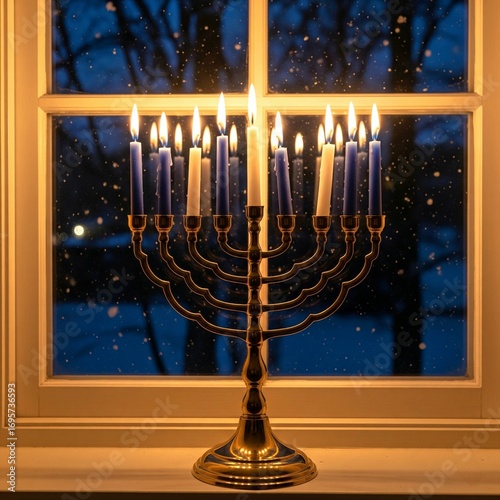 A lit Hanukkah menorah on a windowsill during a snowy evening.