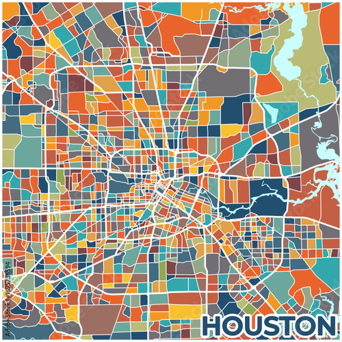 Houston, Texas: A vibrant mosaic of teal, orange, and gray represents the sprawling metropolis, highlighting its complex urban grid and the heart of the United States.