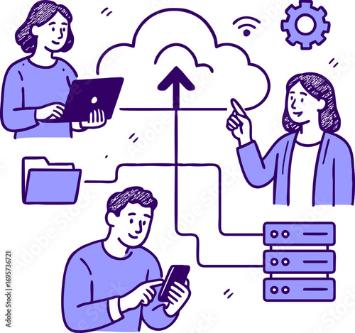 Cloud technology. People storing data on cloud server. Concept of cloud computing, online database, web hosting, web data center. Vector illustration for web banner, infographics, mobile app