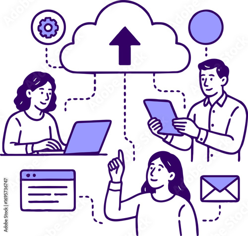 Cloud technology. People storing data on cloud server. Concept of cloud computing, online database, web hosting, web data center. Vector illustration for web banner, infographics, mobile app