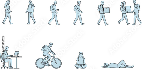 "People daily activities walking, cycling, working, relaxing, carrying boxes, sitting, lying down, teamwork, lifestyle poses, cad drawing flat vector illustration"