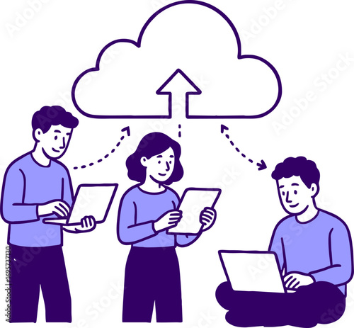 Cloud technology. People storing data on cloud server. Concept of cloud computing, online database, web hosting, web data center. Vector illustration for web banner, infographics, mobile app