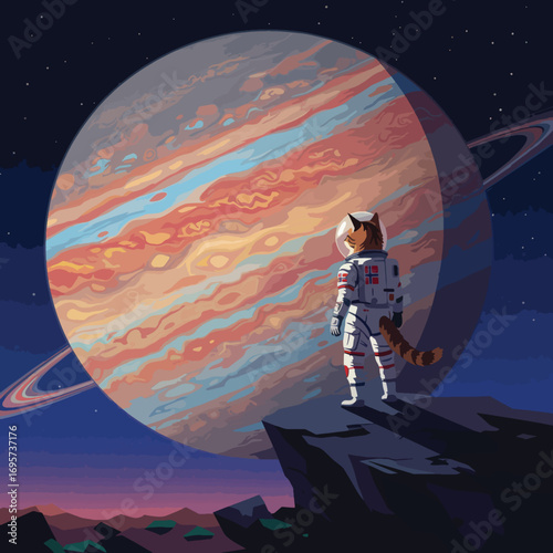 Cat astronaut on cliff gazing at ringed planet