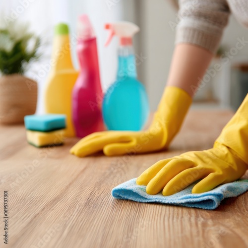 Wallpaper Mural Hands in yellow rubber gloves wiping a wooden table with a cloth Torontodigital.ca