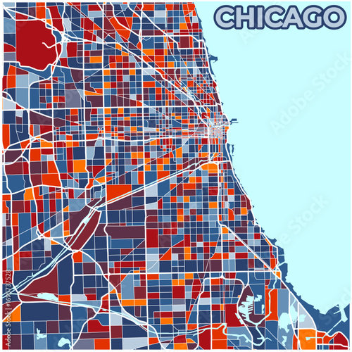 Chicago, Illinois, USA: A Detailed, Stylized Map Displaying the City's Complex Grid in a Vibrant Palette of Red, Blue, and Gray.