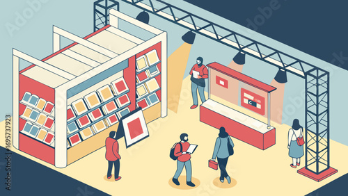 Isometric Exhibition Booth Scene with People Browsing Displays and Interacting at a Modern Trade Show or Art Fair Event Illustration
