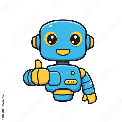 Blue robot with yellow accents giving a thumbsup