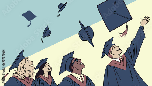 Joyful Diverse Graduates Tossing Caps in Air, Celebrating Academic Success and New Beginnings. Flat Vector Illustration.