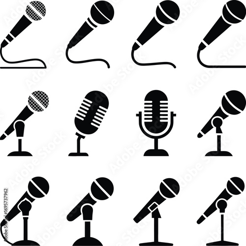 Podcast Microphone Vector Icons  Minimal Black Mic Designs for Recording, Interview, Audio Editing, Voiceover, and Broadcast UI | Clean Flat Style for Digital Use