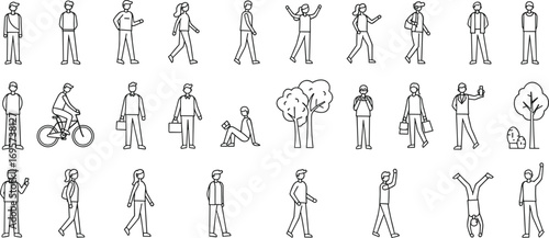 "People walking, cycling, standing, using phone, sitting, exercising, shopping, urban lifestyle activity, outdoor park, cad drawing flat vector illustration"