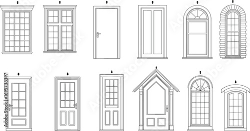 Set of house doors and windows, detailed architectural elements, classic building design, line art, cad drawing flat vector illustration, construction