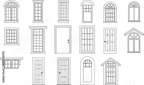 Collection of house windows and doors, detailed architecture elements, building design, line art, cad drawing flat vector illustration, construction