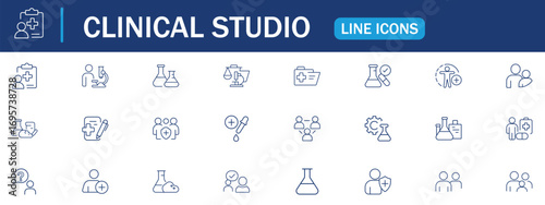 Clinical study line editable icon set. Featuring research, clinical trial, laboratory, researcher, consent form, medication, experimental, analysis, clinical data and more. Linear vector illustration.