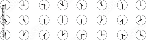 Seamless pattern of simple black and white clock icons showing different hours. Minimalist timepiece vector artwork for schedules, infographics, and backgrounds. Classic circular clock design.