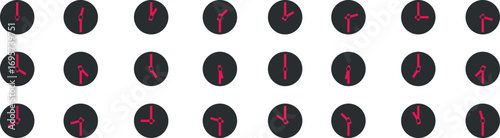 Seamless pattern of black clock icons with pink hands showing different times. Modern timepiece vector design ideal for schedules, backgrounds, and infographics. Creative clock face artwork.