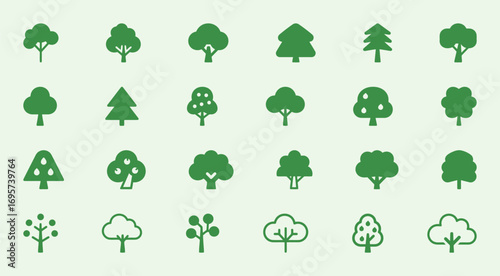 Variety of green tree icons in a forest of different shapes and sizes.
