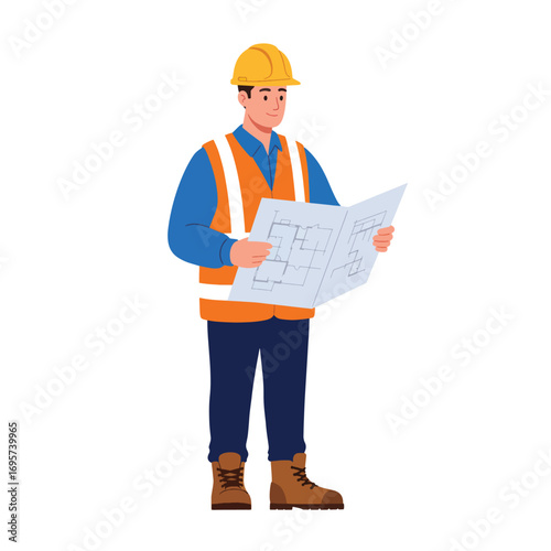 A construction worker in a hard hat and vest reviews blueprints