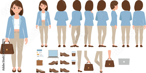 Businesswoman character illustration, office worker female avatar, professional attire vector design, corporate employee cartoon style, cad drawing flat vector illustration