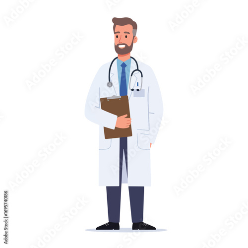 A male doctor in a white lab coat and blue tie stands holding a clipboard