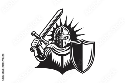 Medieval Knight Vector, Armor Helmet, Shield and Sword, Warrior Art