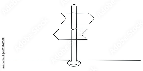 Continuous one line art drawing of road direction signboard design outline vector illustration