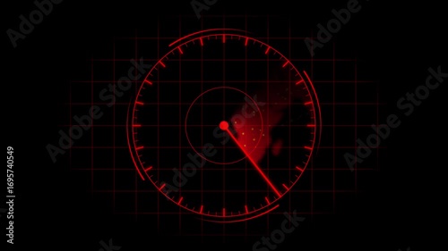 Red radar gauge animation loop seamless hud interface technology sci fi cyberpunk digital background. Digital radar gauge animation red hud technology interface seamless loop sci fi cyberpunk motion.