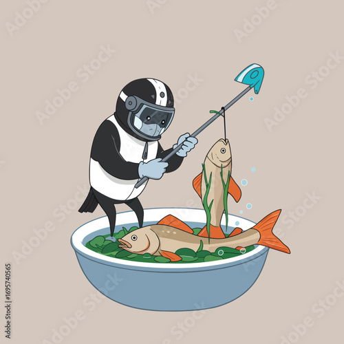 A bird in a diving suit fishes for a fish in a bowl of greens