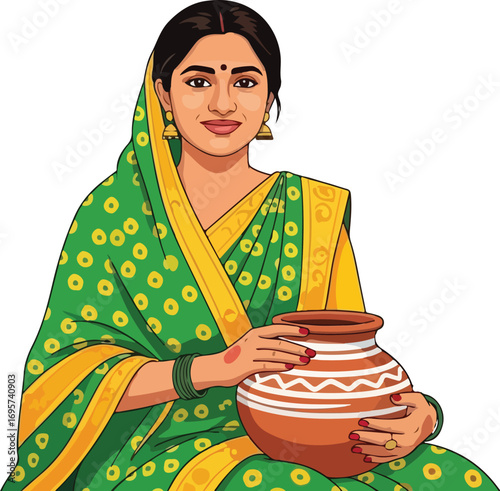 Indian woman potter artist painting and decorating vector illustration