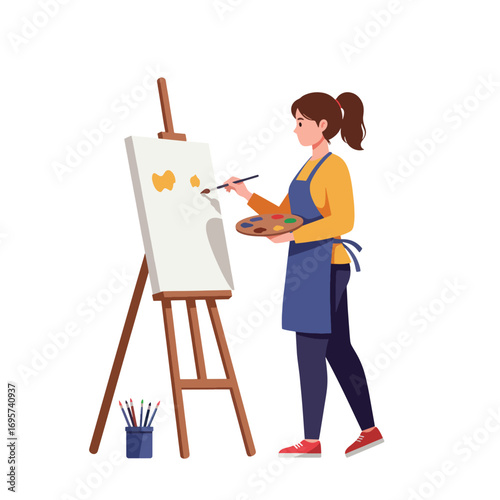 Artist painting on a canvas with a palette and brush