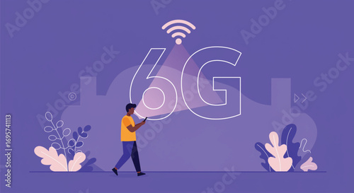 Futuristic Illustration of 6G Technology with a Person Interacting. EPS Vector