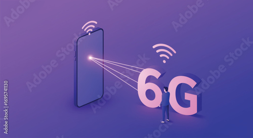 Futuristic 6G Wireless Technology Concept with Smartphone. EPS Vector