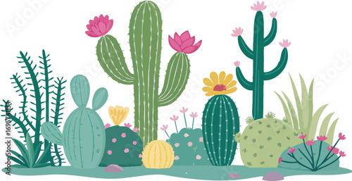 Charming Desertscape Illustration with Flowering Cacti and Succulents: A Delightful Botanical Scene